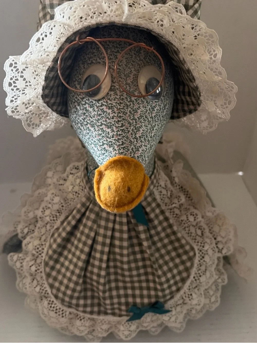 Handmade Fabric Bird Toy in Green Gingham with Yellow Beak